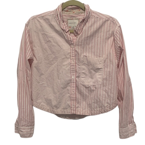 American Eagle Outfitters Tops - American Eagle Pink Patchwork Striped Cropped Long Sleeve Button Down Shirt